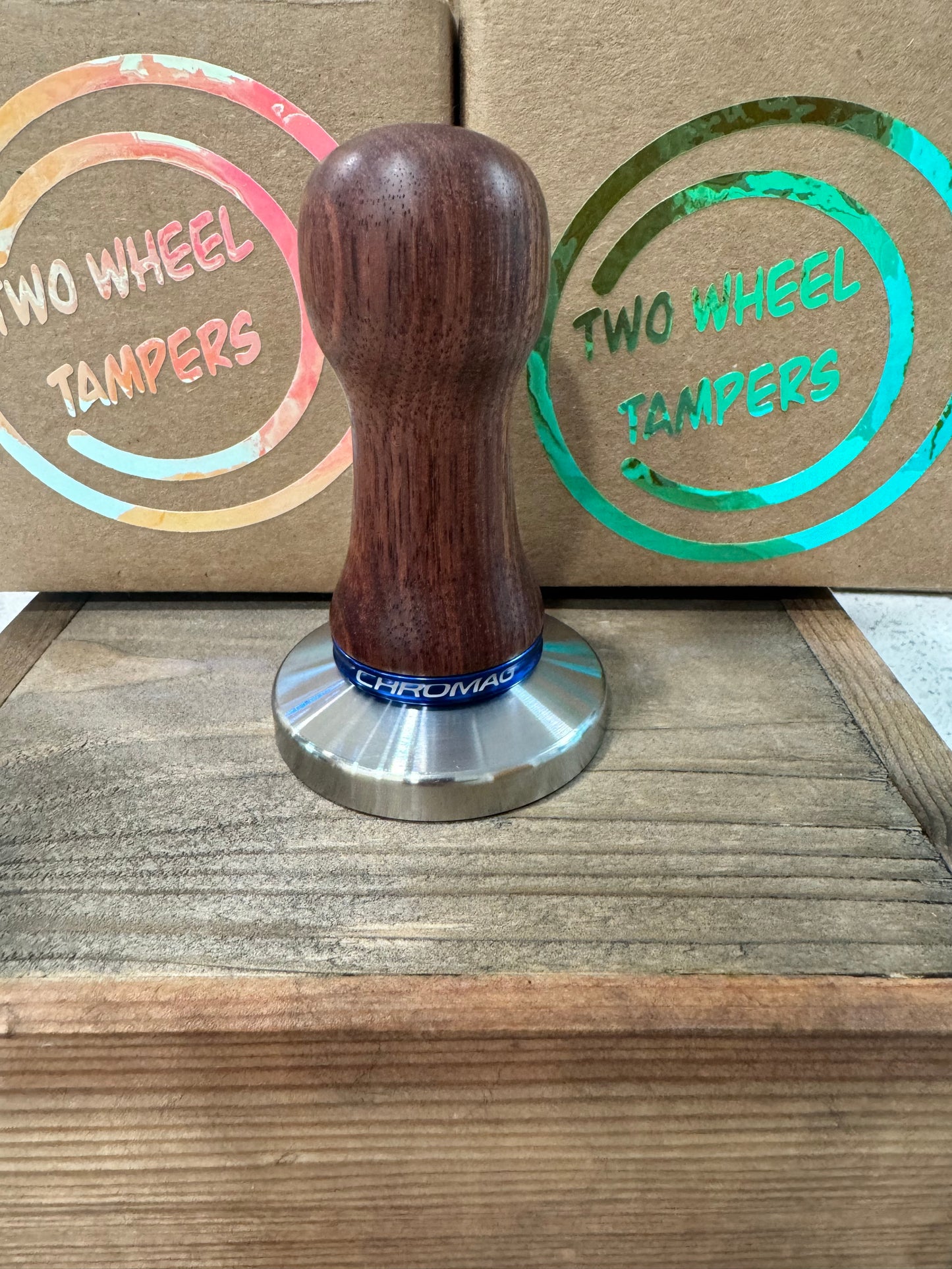 58mm Handmade Wooden tamper Blue Chromag spacer- 8 cm tall