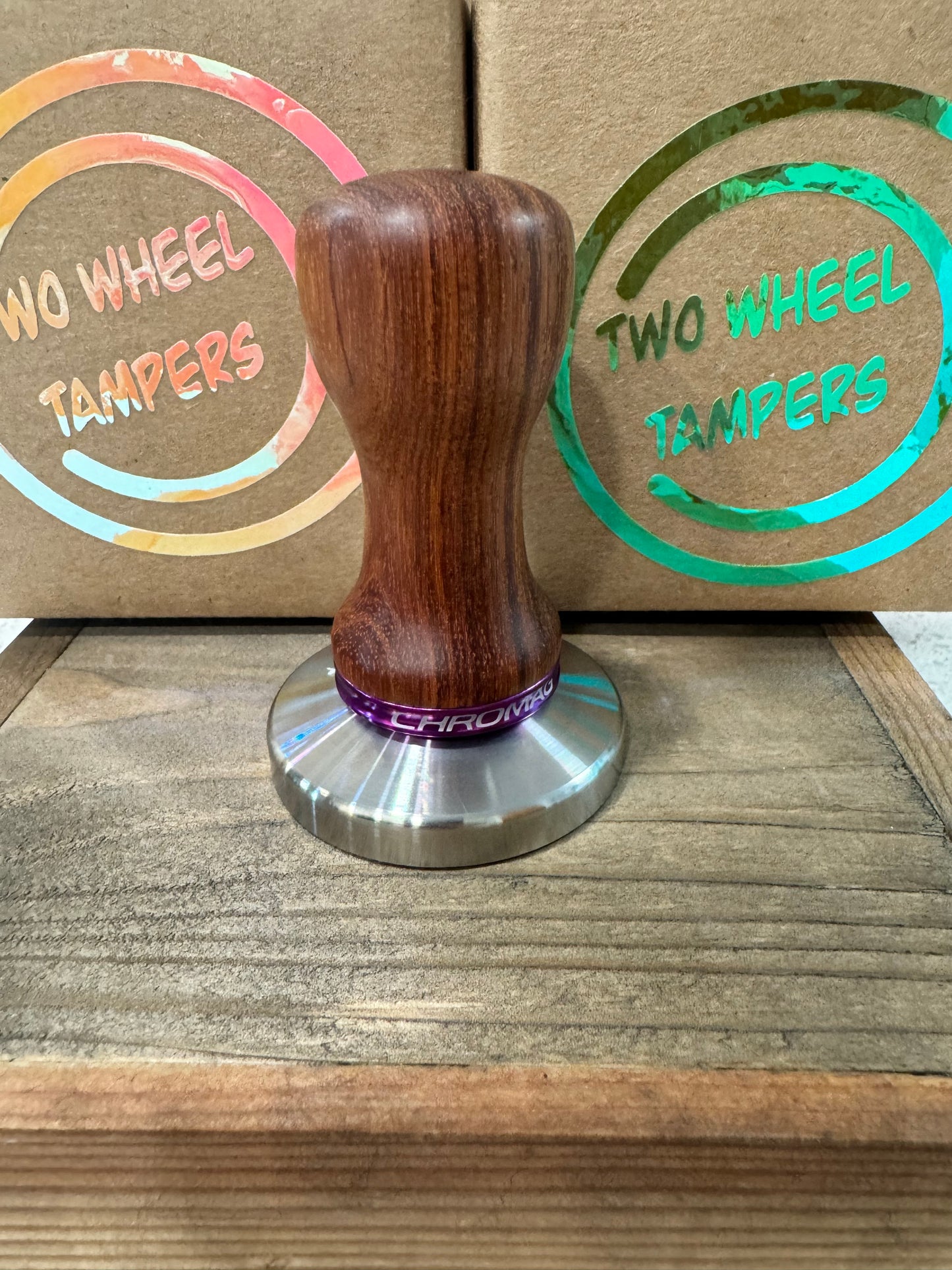 58mm Handmade Wooden tamper Purple Chromag spacer- 7.5 cm tall tapered top
