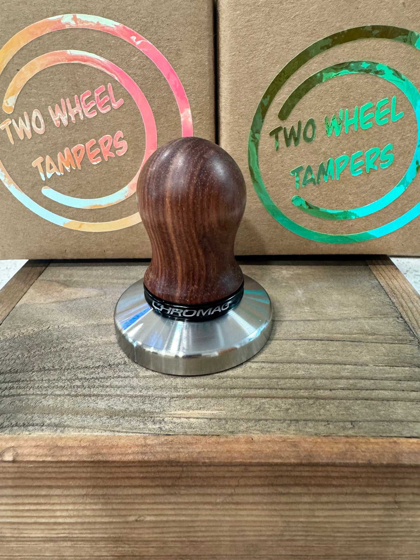 58mm Handmade Wooden tamper Black Chromag spacer- 5.75 cm tall