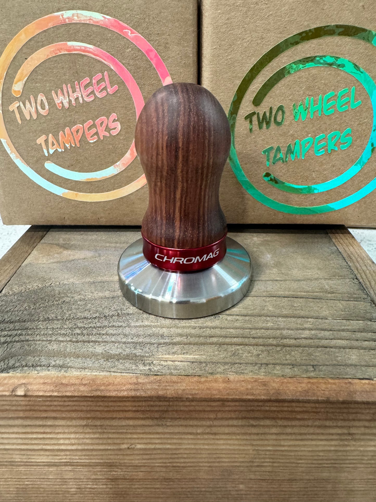 58mm Handmade Wooden tamper 10mm Red Chromag spacer- 7 cm tall