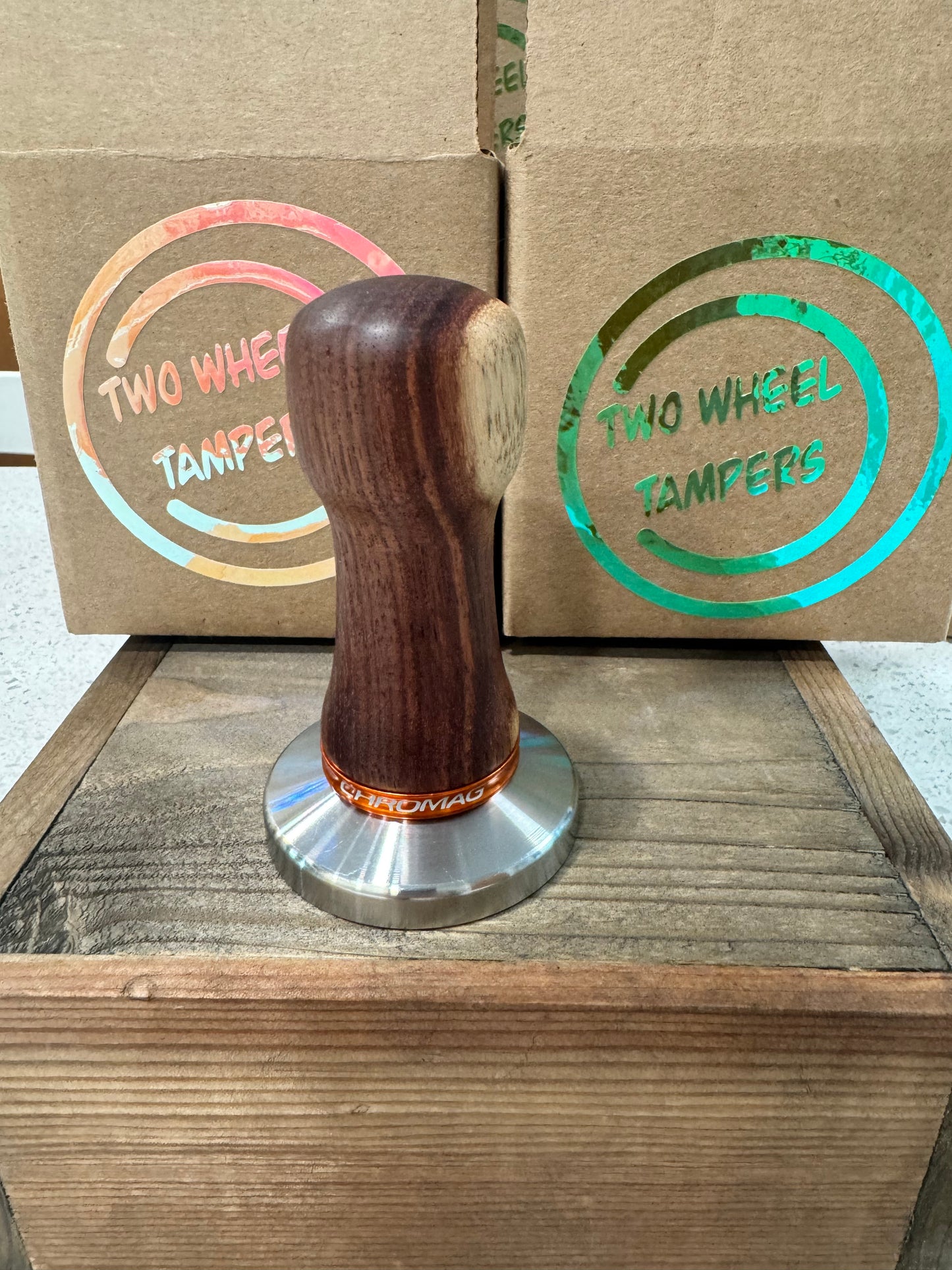 58mm Tall/Large Handmade Wooden tamper Orange Chromag spacer- 8.5 cm tall for Large hands